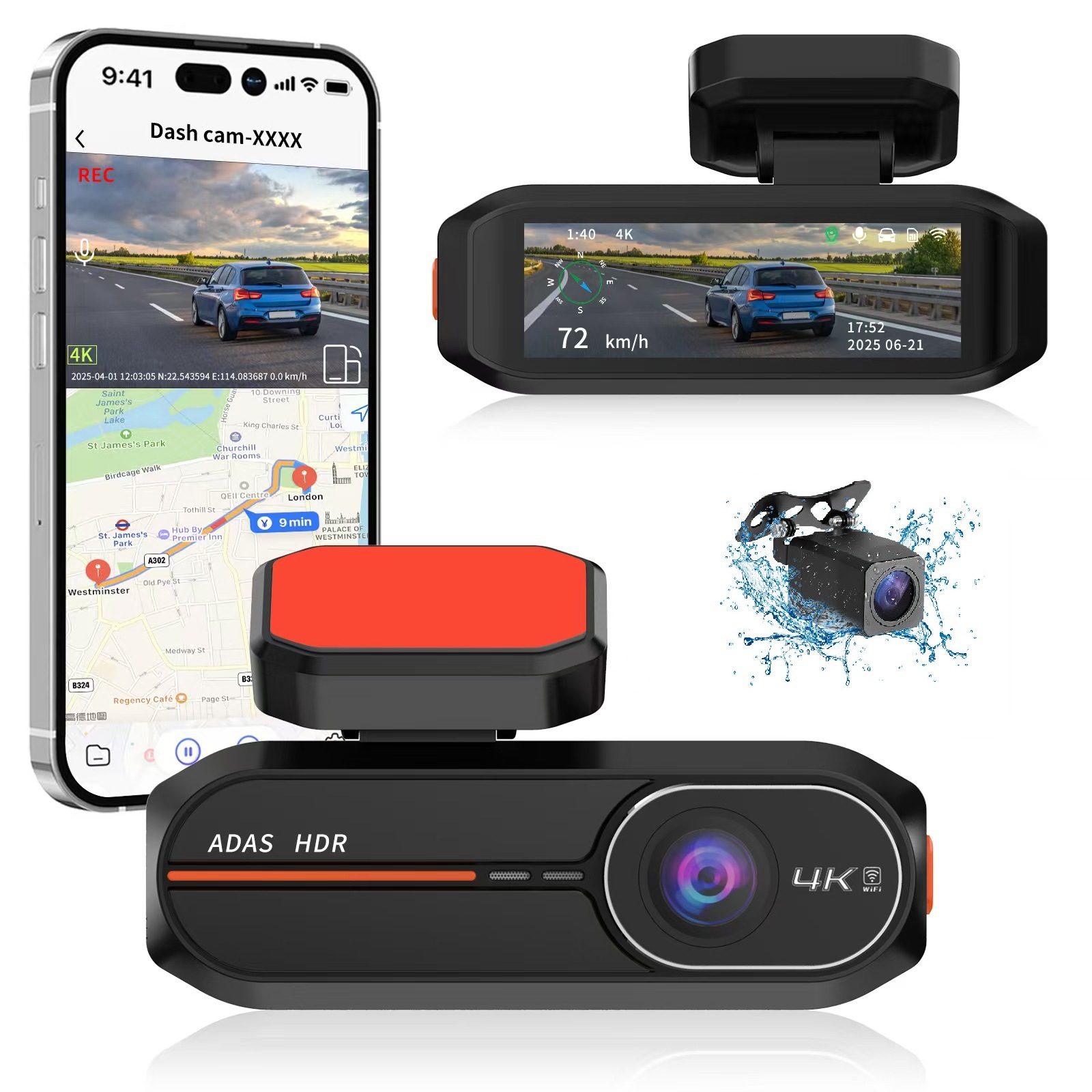4K+Adas Dual Recording Front and Rear, High-Definition Night Vision, Supports Time-Lapse Recording, Gps Track Tracking, Driving Recorder