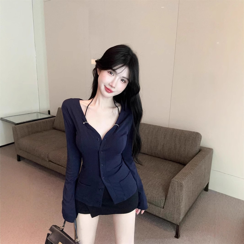 Pure Desire Temperament Level Sense V-Neck Tight Waist Hanging Neck Slimming Top Autumn Inner Wearing Cardigan Long Sleeve Tight T-shirt
