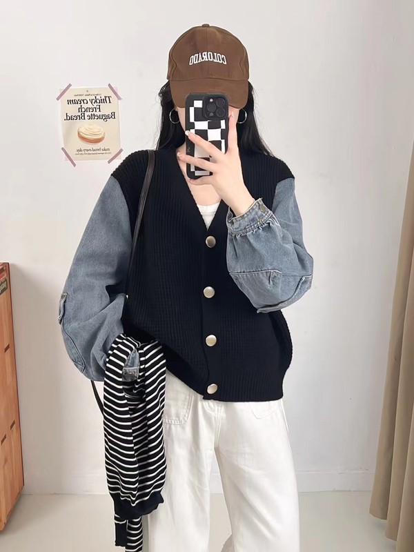 拼接牛仔针织开衫2025秋冬新款韩版宽松休闲百搭V领毛衣外套女潮|undefined