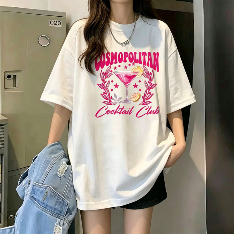 220g pure cotton women's t-shirt with Margaret Cocktail Club design, round neck, loose fit, short sleeves, women's cross-border wholesale 220g pure cotton women's t-shirt with Margaret Cocktail Club design, round neck, loose fit, short sleeves, women's cross-border wholesale