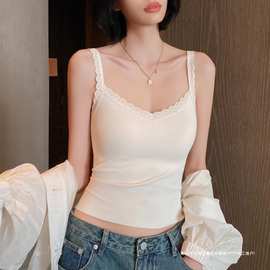 韩系ins风螺纹V领吊带女美背蕾丝花边领口基础百搭舒适内搭小背心