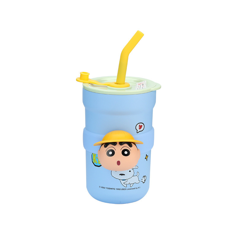 【正版蜡笔小新】新款卡通保温杯转转玩趣公仔吸管杯可爱桌面水杯|undefined