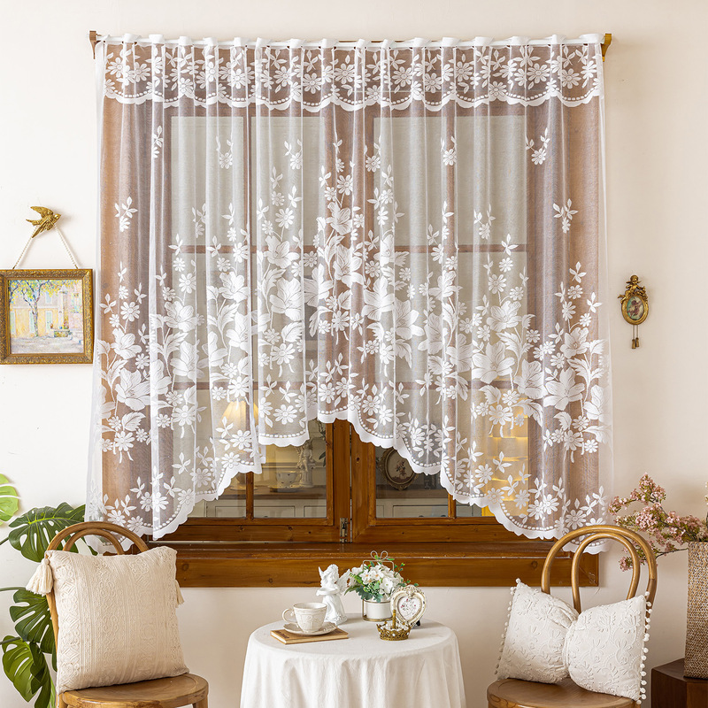 French European White Lace Kitchen Partition Curtain Jacquard Flower Coffee Curtain Door Curtain Bay Window Short Curtain Cabinet Decoration