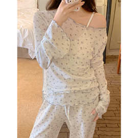 2024新品 韩系温柔少女碎花甜美花边家居服睡衣三件套套装