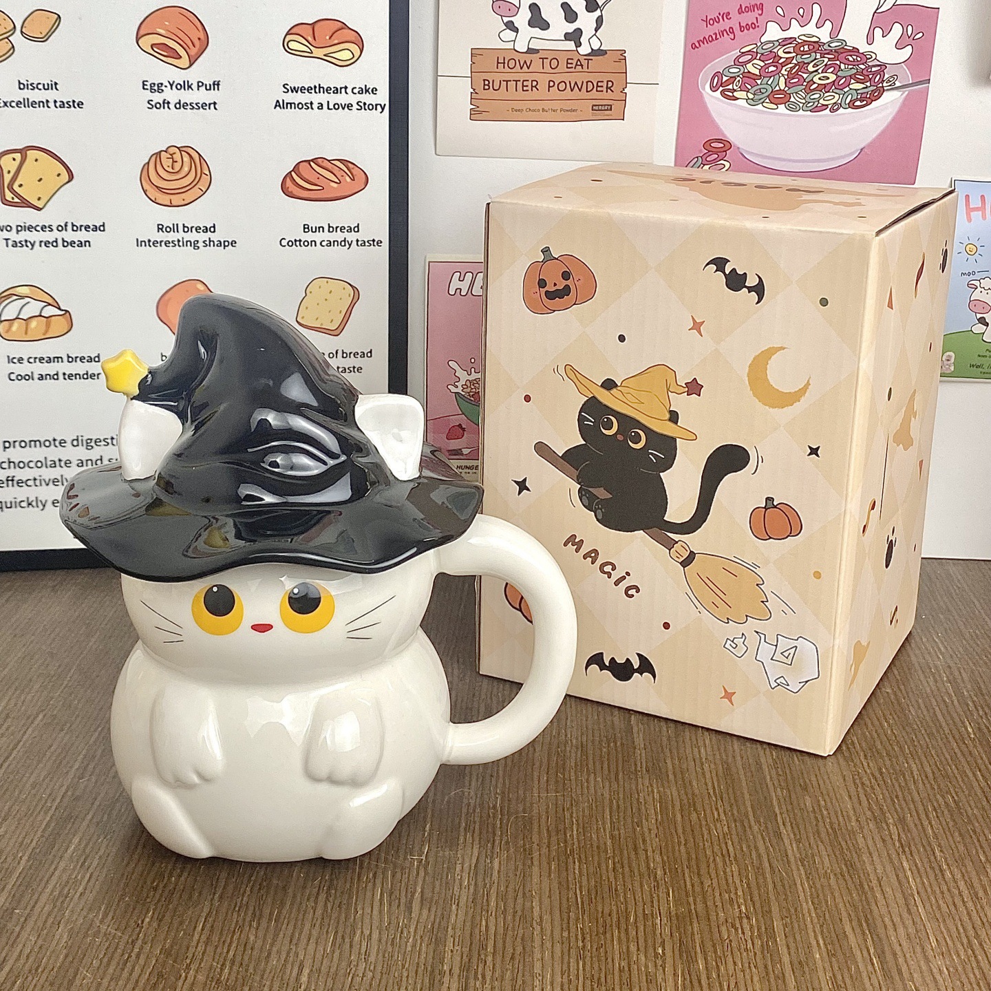 Personalidad creativa sombrero mágico gato taza de Halloween fantasma taza de cerámica de dibujos animados encantadora copas de agua