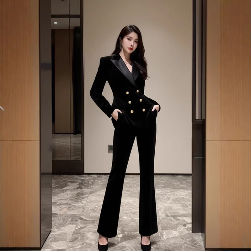Black Velvet Double-Breasted Suit Set for Women, Workplace Formal Wear with a High-End, Elegant and Classy Old Money Style Black Velvet Double-Breasted Suit Set for Women, Workplace Formal Wear with a High-End, Elegant and Classy Old Money Style