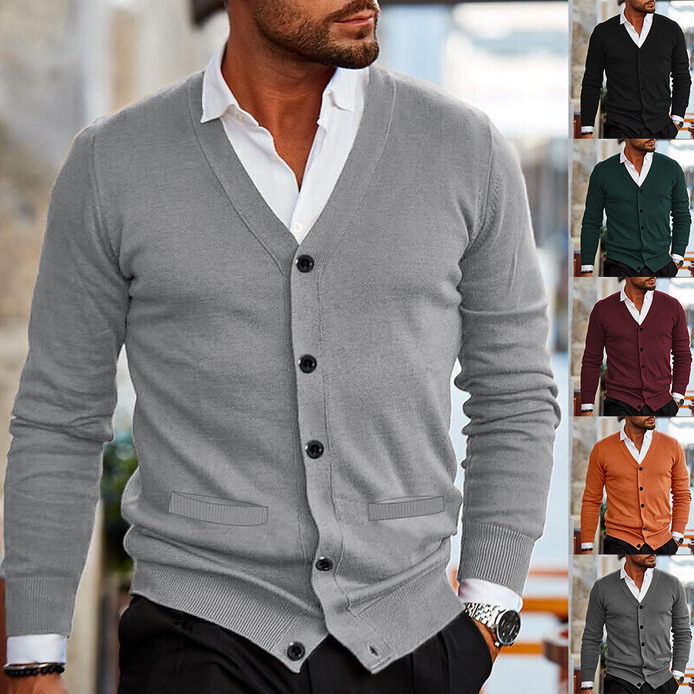 Amazon transfronterizo ropa de hombre con bolsillos bilaterales Otoño e Invierno Nueva prendas de punto con cuello en V manga larga suéter Delgado cardigan