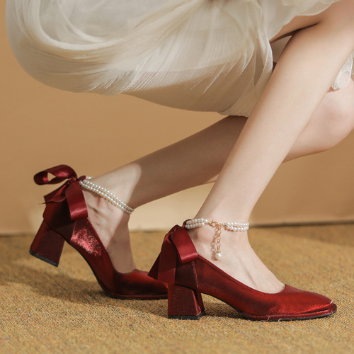 French wedding shoes for women  spring and summer new style ribbon bow fairy engagement two-wear thick heel non-tiring shoes