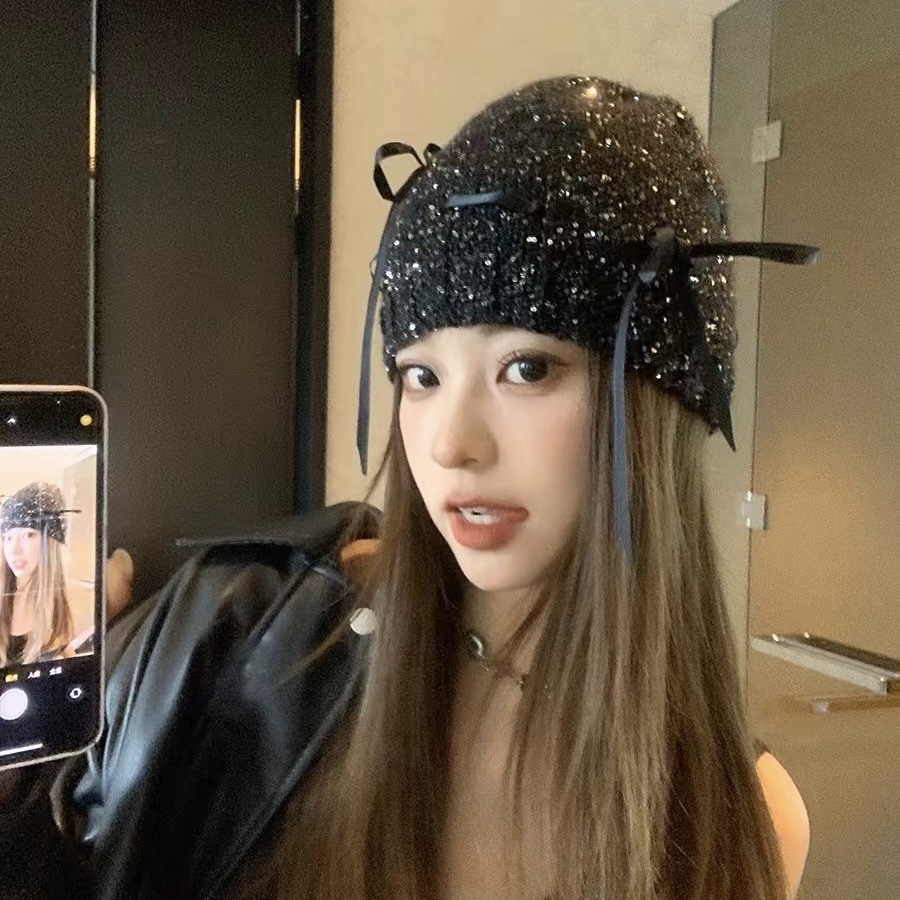 Jennie同款韩国冷帽秋冬香香女孩亮闪片针织帽时尚显脸小包头帽潮