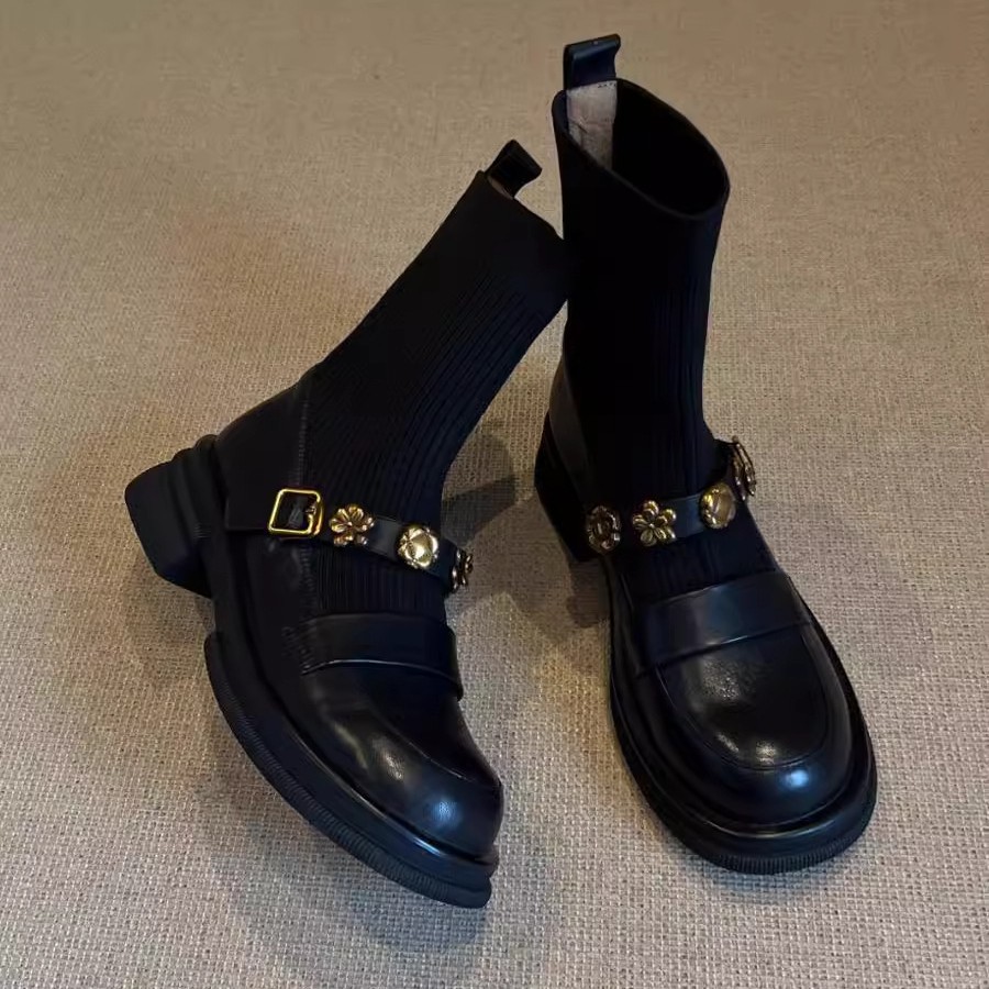 Stivaletti in maglia elasticizzata con tacco grosso – Stivaletti retrò da infilare con cinturino con fibbia e plateau spesso per donna_voghion.com
