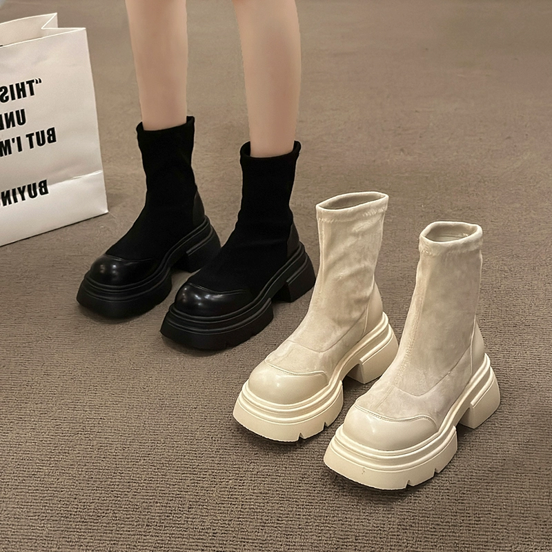 Женские короткие ботинки в стиле ретро на платформе Ouzhou Station на толстой подошве и толстом каблуке, весна-осень 2024, новые универсальные повседневные эластичные ботинки, тонкие ботинки