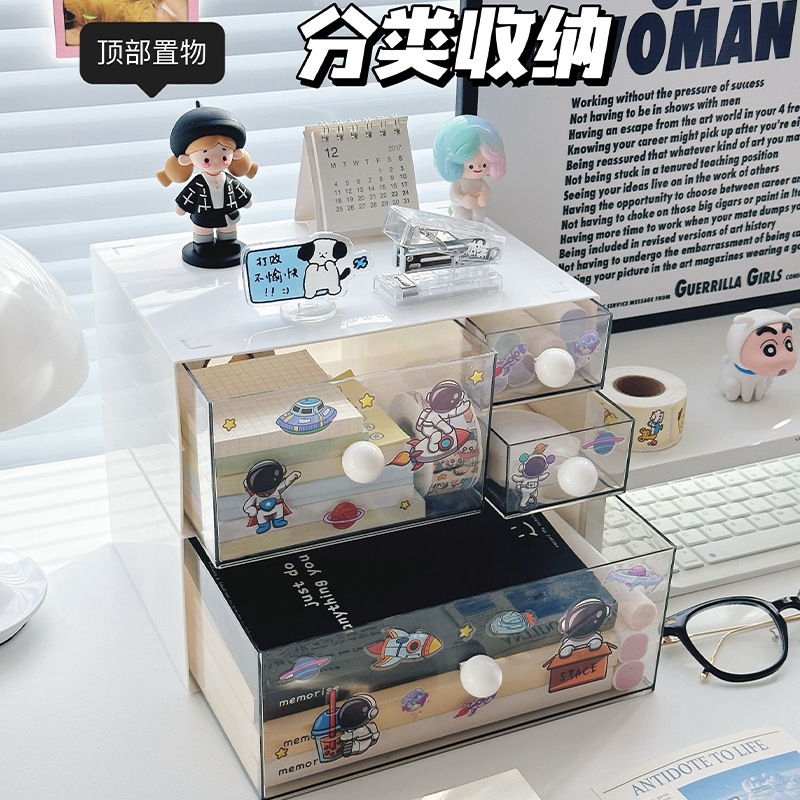 桌面收纳盒抽屉式透明书桌上文具化妆品置物架办公室整理盒批发|undefined