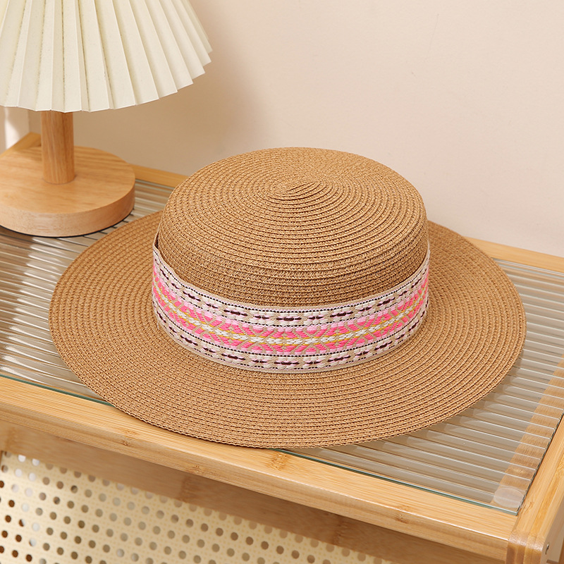Vintage Straw Sun Hat For Beach Bohemian Flat Top Sun Protection_voghion.com
