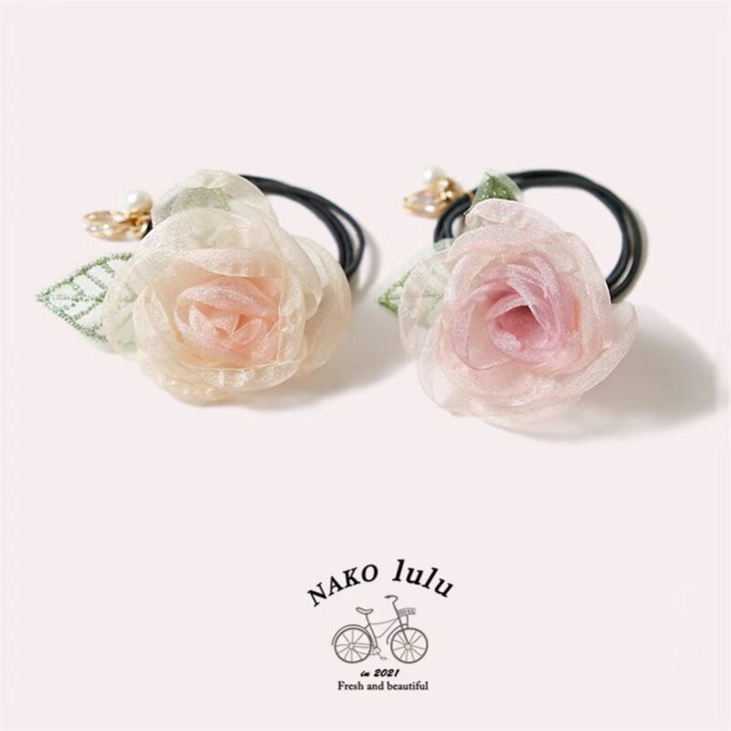 Romantic Rose Gauze Flower Hair Tie, Sweet Girl's Ponytail Hair Band, Black High-Elastic Hair Tie, Bun Hair Rope