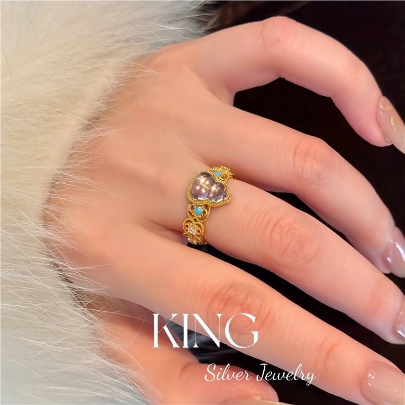 KING シルバージュエリー | アメジストの絶妙なリング | S925 シルバー ゴールドメッキ ハンギングループ形状 オールドマネースタイル ライトラグジュアリー 絶妙なリング|undefined