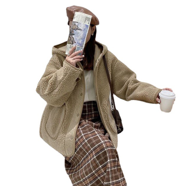 Kadın Giyim Kapşonlu kuzu polar ceket kadınlar için kışlık giyim 2024 yeni gevşek ins tembel kalınlaştırılmış üstler kadınlar için_voghion.com
