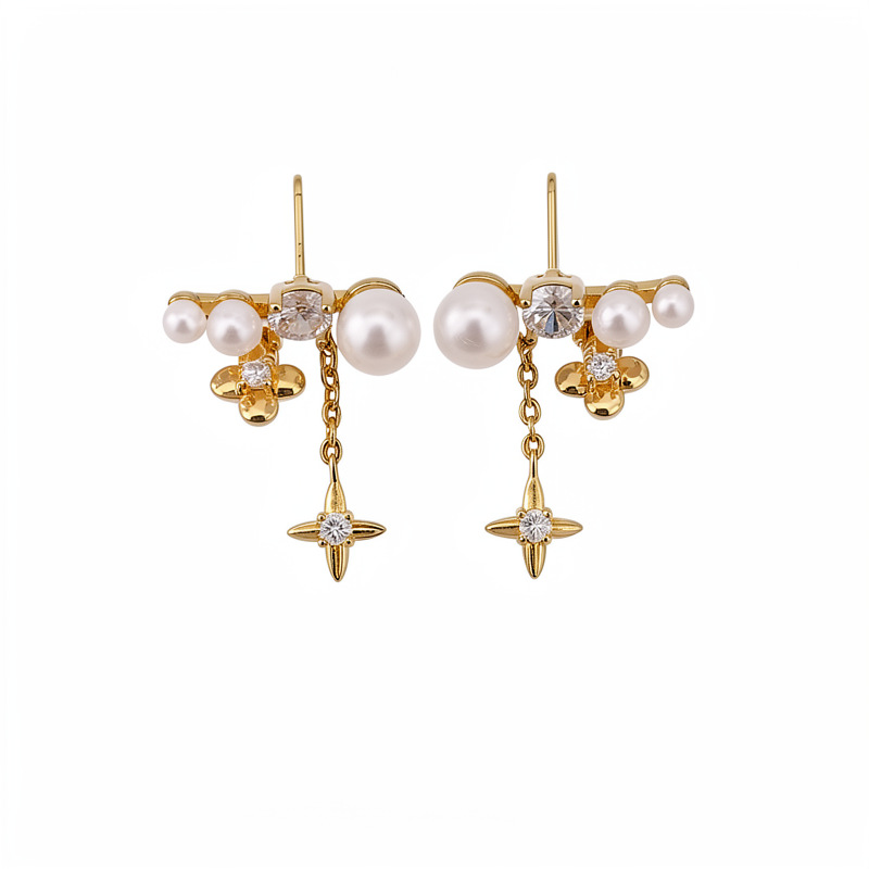 Agujas de plata galvanizadas de oro real, flores de perlas de diamante, perlas de diamante, pendientes de temperamento, pendientes de lujo ligero, pendientes de alta calidad