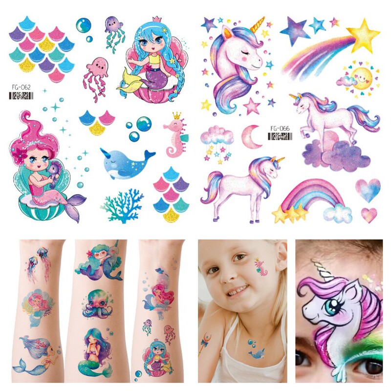 Cross-border fresh glitter mermaid children tattoo stickers unicorn temporary disposable tattoo painted eye makeup