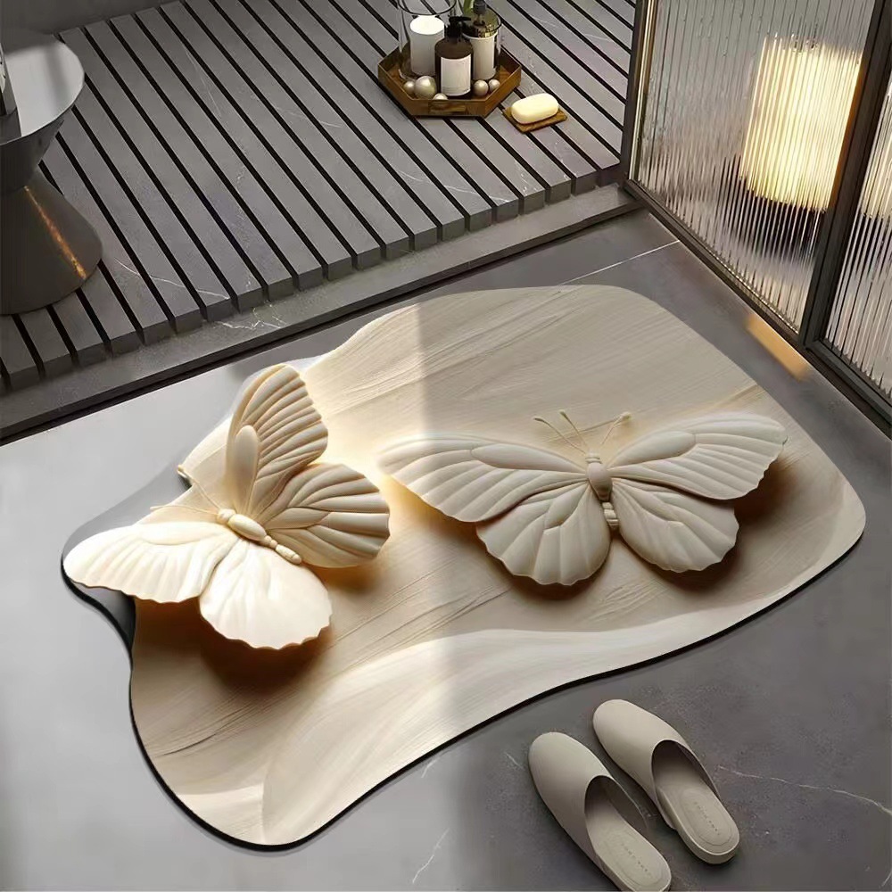 Visual 3D Flower Butterfly Diatom Mud Floor Mat Home Bathroom Non-Slip Absorbent Foot Mat Entrance Easy Care Foot Mat