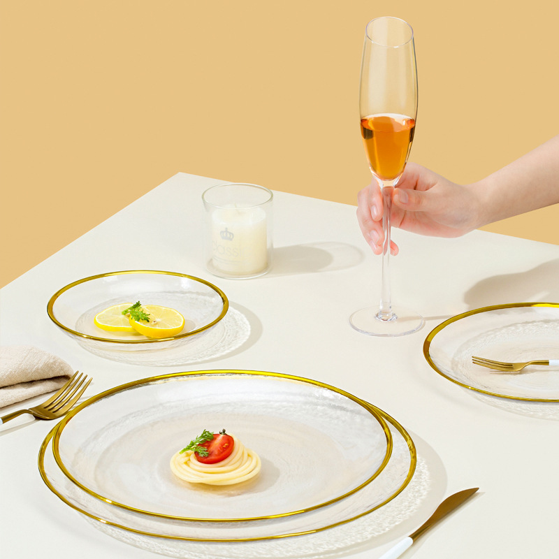 Gold-Rimmed Transparent Glass Plate, High-Value Plate, Household High-End Glass Fruit Plate, Snack Plate, Dinner Plate Decoration Gold-Rimmed Transparent Glass Plate, High-Value Plate, Household High-End Glass Fruit Plate, Snack Plate, Dinner Plate Decoration
