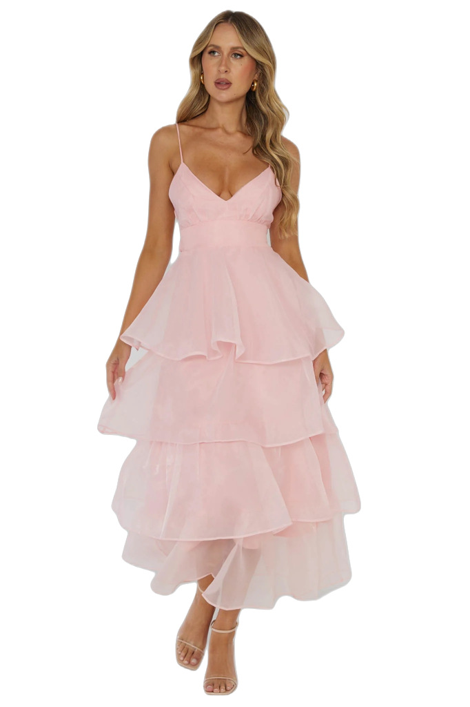 Women's Clothing Organza Deep V Backless Suspender Dress Casual Holiday Fairy Dress_voghion.com