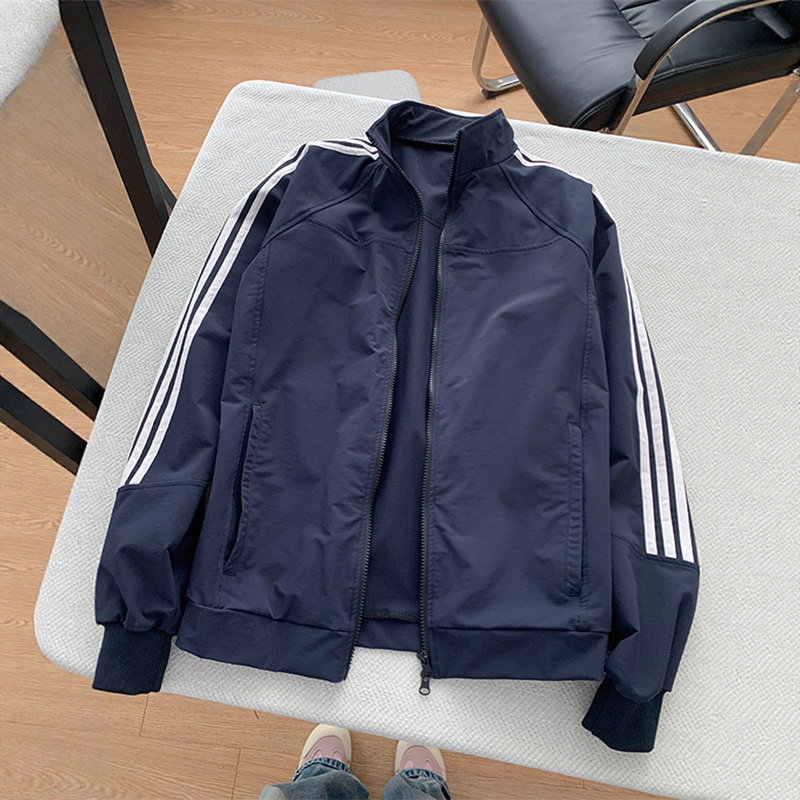 Navy Blue Three-Stripe Jacket for Men and Women, Spring and Autumn Cleanfit Short Stand Collar Jacket, American-Style Three-Proof Windbreaker