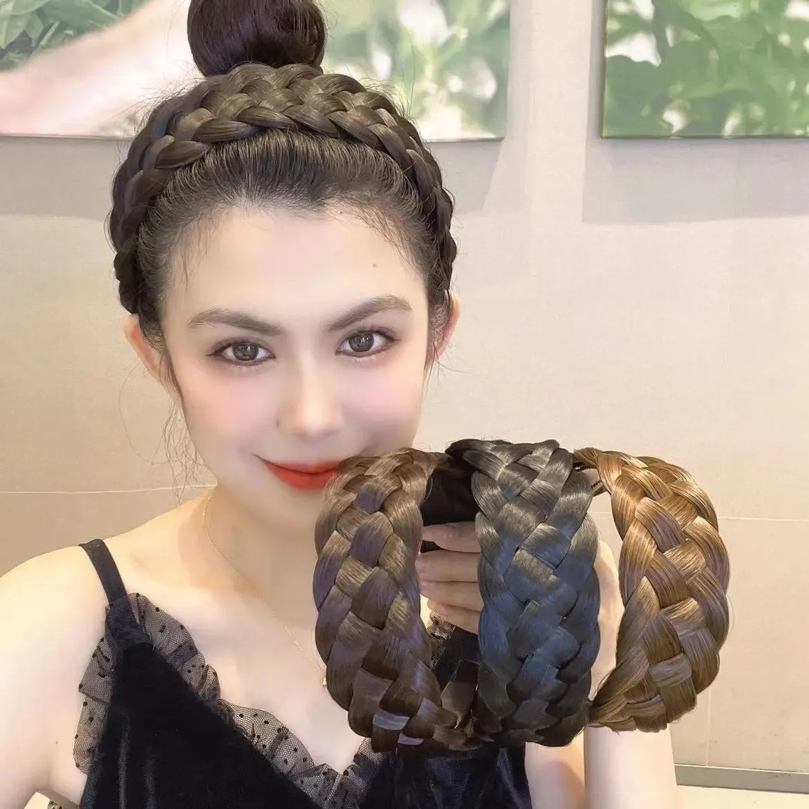 Fishbone Braid Hairband for Women, One-Piece Braided Hairband, Natural Wide Hairband, Hair Clip, High Crown Hair Accessory to Cover Gray Hair