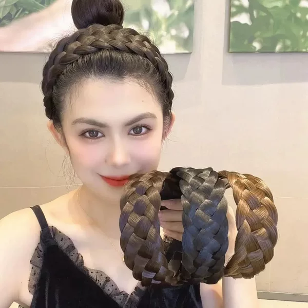 Fishbone Braid Hairband for Women, One-Piece Braided Hairband, Natural Wide Hairband, Hair Clip, High Crown Hair Accessory to Cover Gray Hair