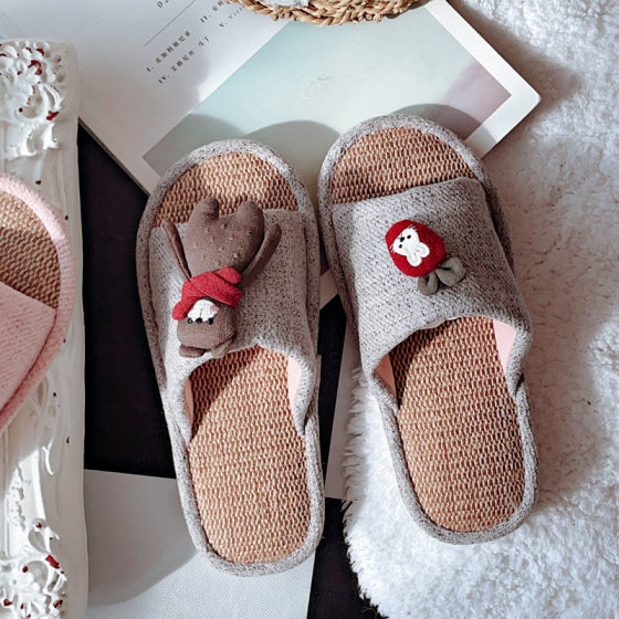 New Style Linen Slippers Female Bear Couple Four Seasons Personalized Household Indoor Cartoon Home Open Toe Sandals for Summer