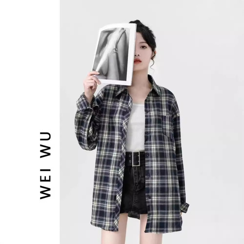 Languid Vintage Plaid Blouse for Women Autumn Korean Style Loose Long Sleeve Top Cardigan Outerwear