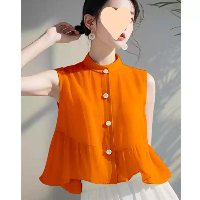 French Unique Orange Chiffon Shirt Women's Fashionable and Chic Shirt Ladylike Elegant 2025 New Sleeveless Top
