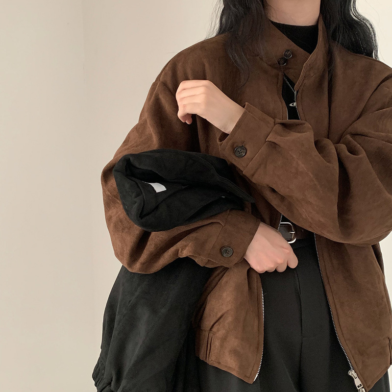 Korean Ins Autumn and Winter Retro British Style Handsome Motorcycle Style Fleece-Lined Warm Suede Double Zipper Jacket for Women