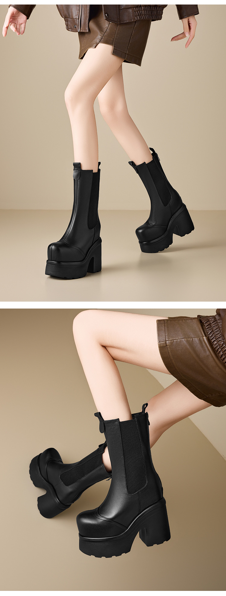 Boot nữ da thật cổ cao ôm bắp chân, đế dày tăng chiều cao, phong cách Anh Quốc — nhung nâu chi tiết 7