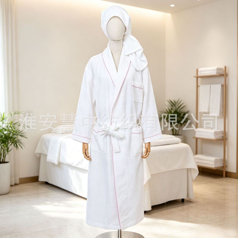 Cotton Hotel white waffle robe green collar SPA bathrobe SPA beauty nightgown foreign trade embroidery logo Cotton Hotel white waffle robe green collar SPA bathrobe SPA beauty nightgown foreign trade embroidery logo