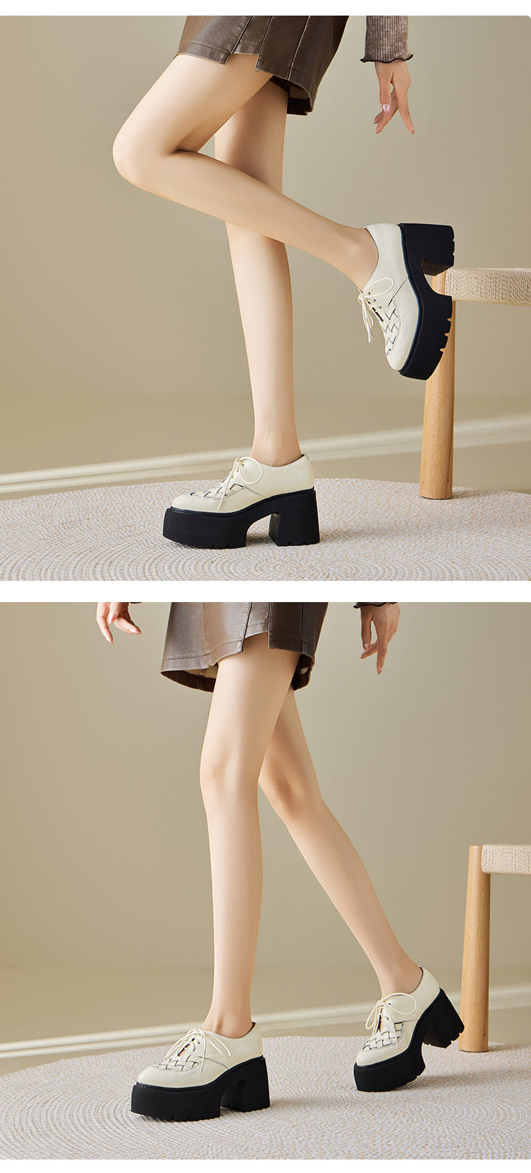 Giày cao gót nữ mũi nhọn gót vuông 10 cm dây buộc phong cách Anh, đế xuồng, da thật — màu đen chi tiết 3