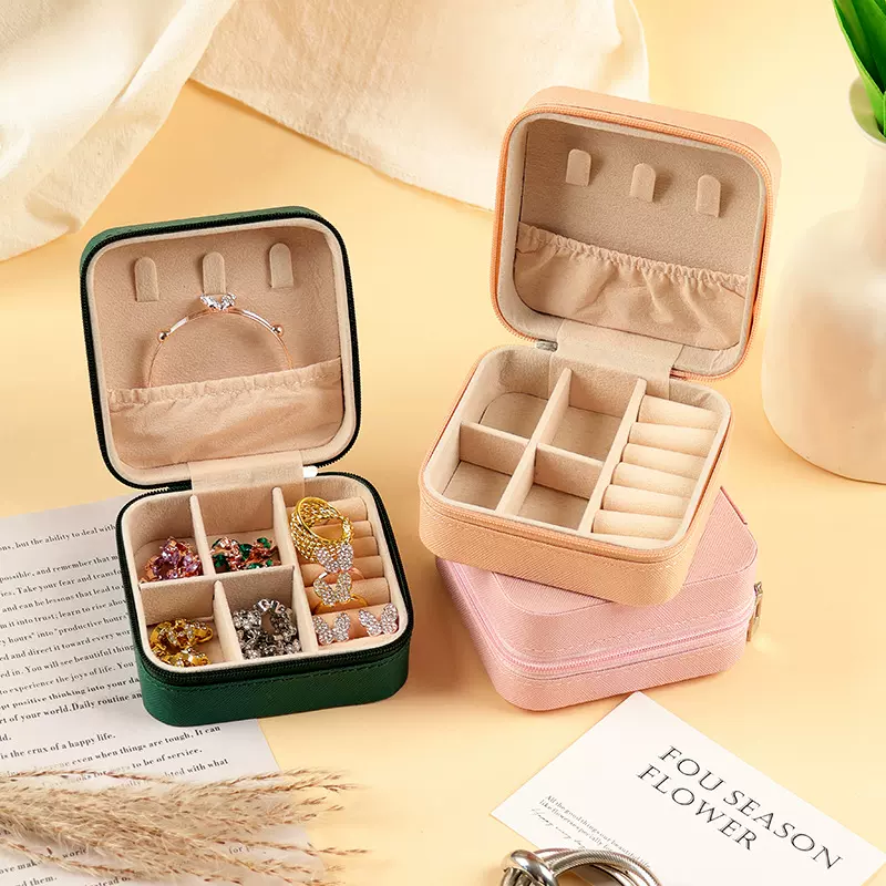 便携收纳盒旅行出差简约小巧首饰品盒耳钉十字纹拉链包车载首饰盒