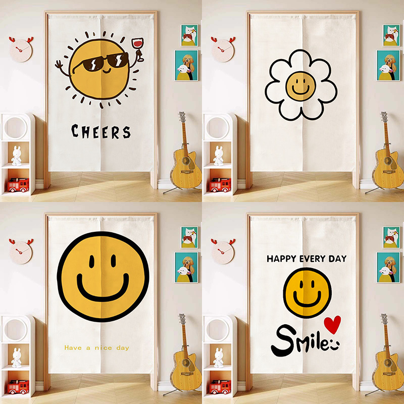 Cartoon Cute Smiling Face Door Curtain Partition Curtain Home Bedroom Hole-free Curtain Children's Room Bathroom Blinding Cloth Curtain