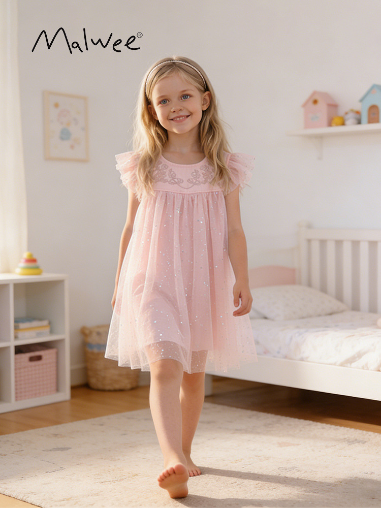 Malwee transfronterizo vestido de princesa de niñas verano nuevo estilo europeo y americano niño de cuello redondo ropa de abrigo encantadora vestido casual