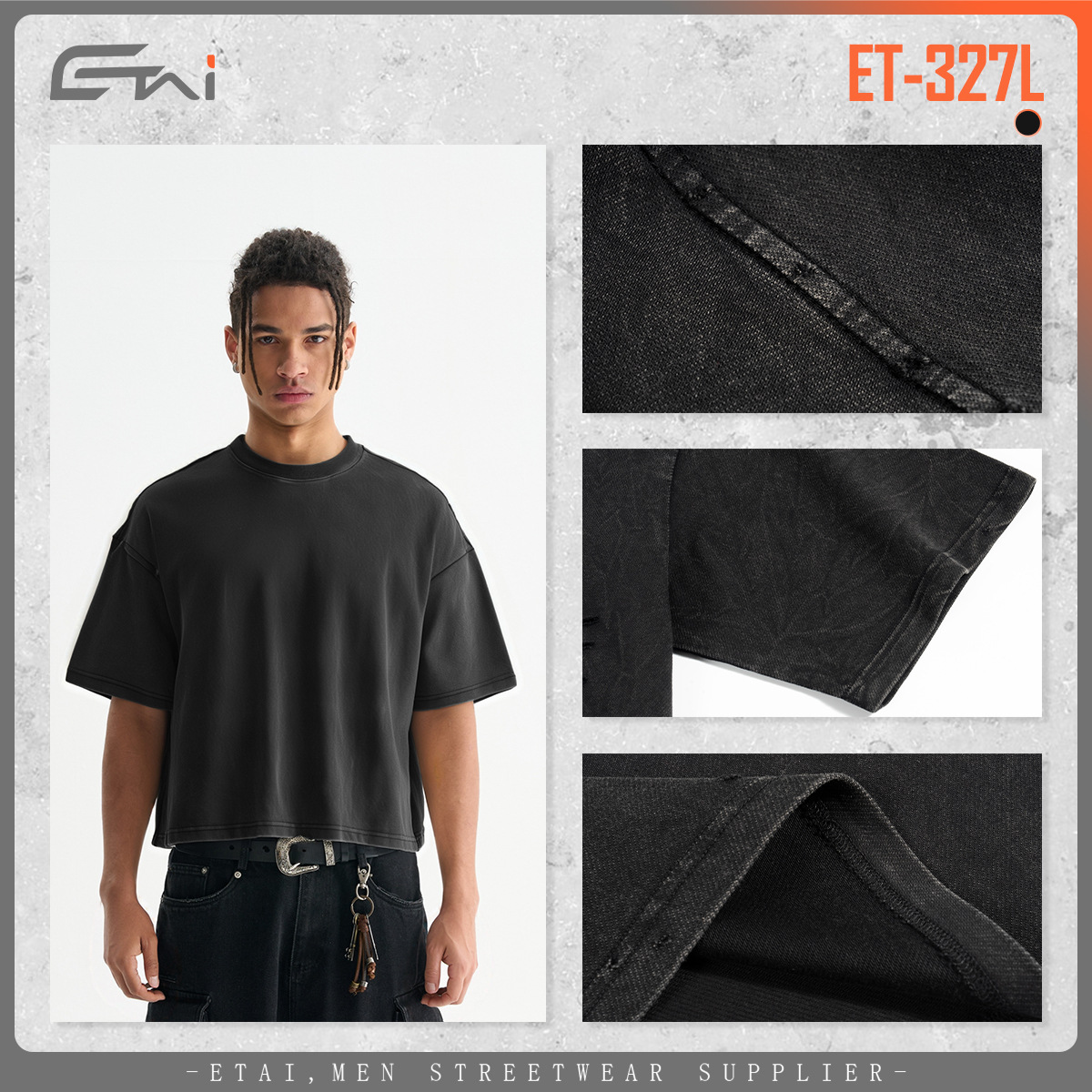 ETAI Hombre| Marca de moda transfronteriza agujero box corto ancho camiseta hombre alta calidad pesada lavado de algodón hecho vieja manga corta