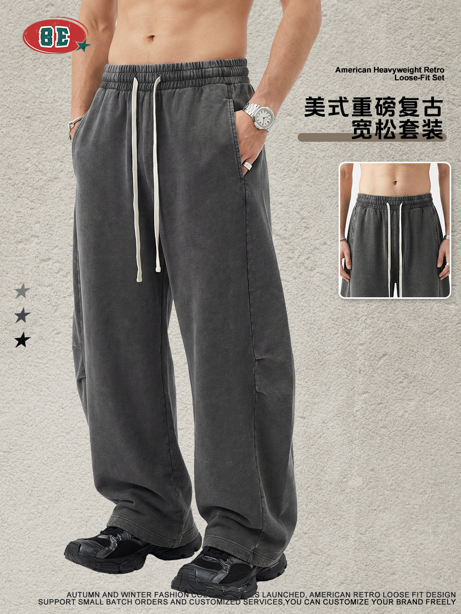 BE hombre americano retro cuello de polo callejero manga corta suelta hacer viejos lavados de la cimeta pantalones recto conjunto deportivo