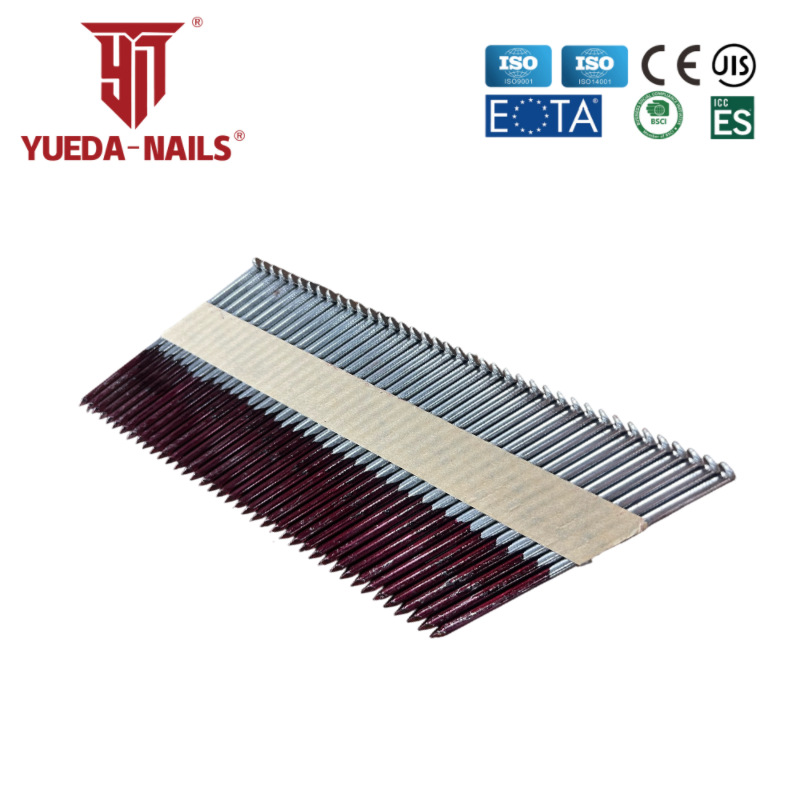 木工抛光34°度D型帽纸排钉90mm沾红油漆气动钉枪斜排钉厂家直供