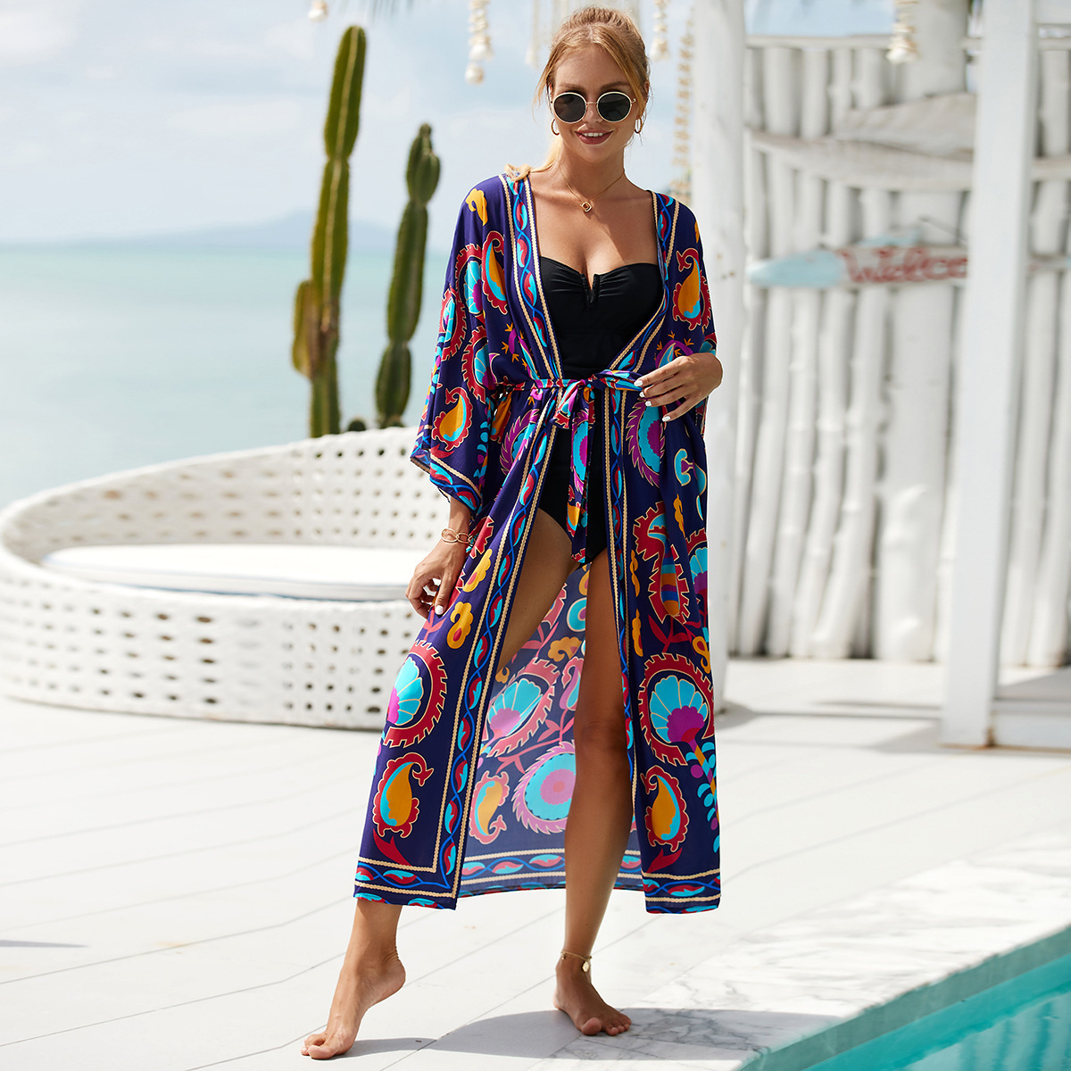 Beach Cover-Up Rayon Positioning Print Cardigan Vacation Sun Protection Shirt Cross-Border Amazon 1120 (30 Colors) F