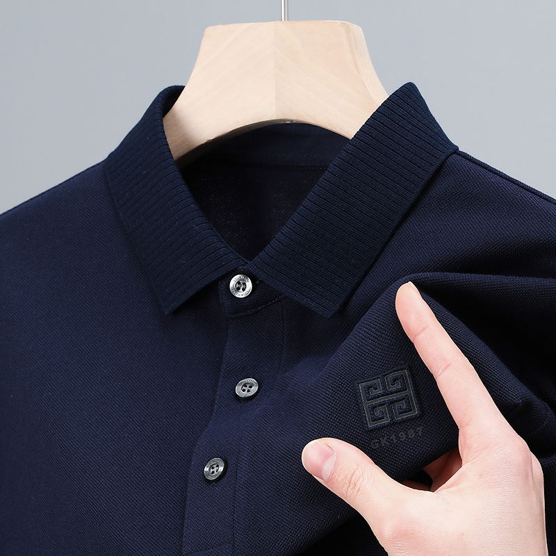 Cross-Border New Style All-Cotton Polo Shirt with Slit Hem for Men, Summer High-End Embroidered Short-Sleeve T-Shirt with Casual Turn-Down Collar