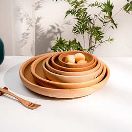 圆形榉木托盘日式餐盘ins风餐具实木托盘家用木盘子木质菜盘圆盘