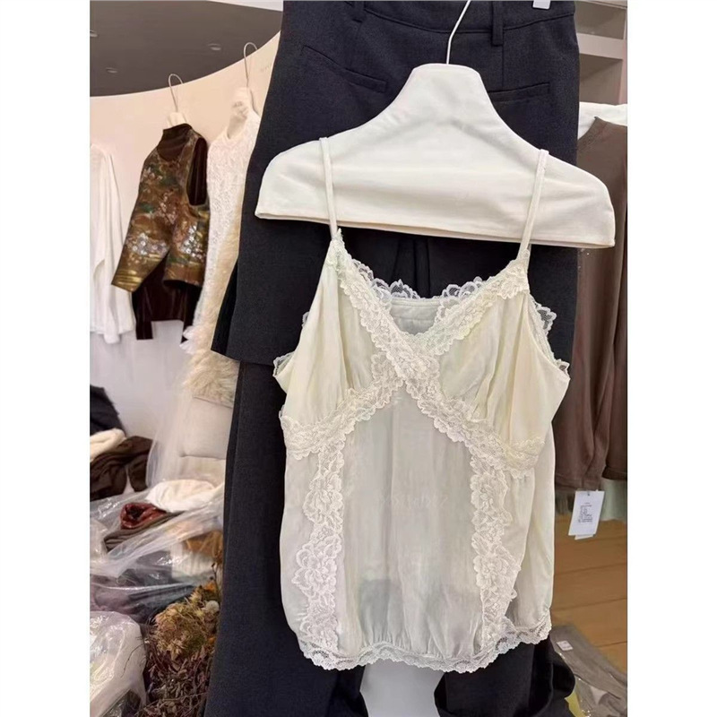 Velvet Camisole Top, Korean Style New Model, Pure Desire Style, Slimming, Lace Patchwork, Versatile
