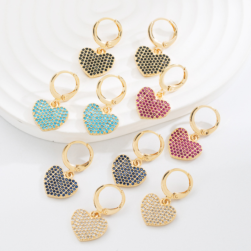 Fashion Copper-plated Gold Micro-inlaid Color Zircon Heart-shaped Earrings Ornament display picture 2