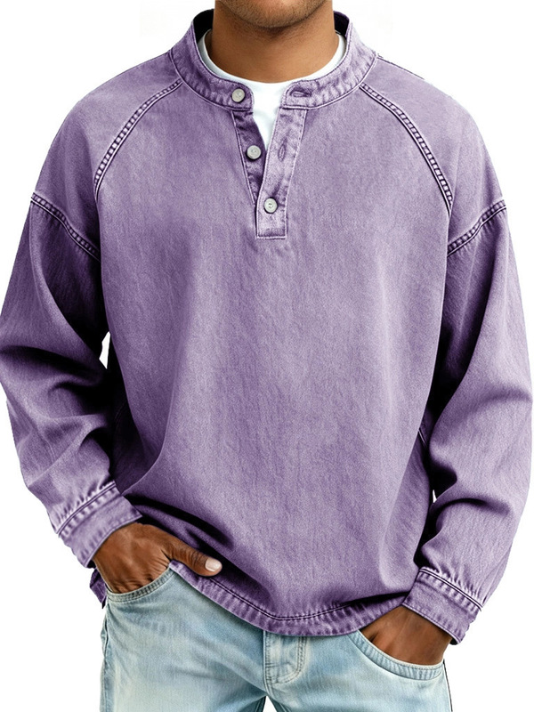 Men's Retro American Washed Faded Pure Cotton Henley Long Sleeve Top Solid Color Men's Retro American Washed Faded Pure Cotton Henley Long Sleeve Top Solid Color