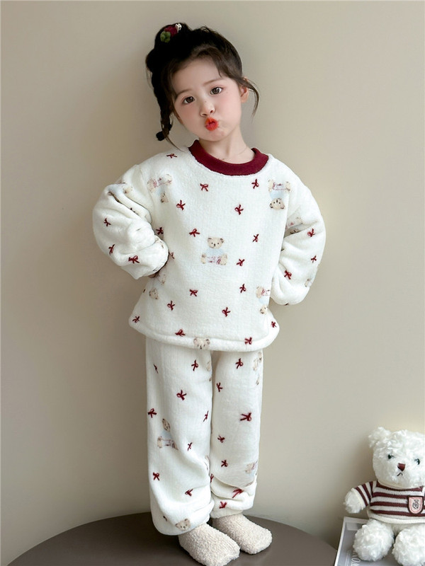 儿童法兰绒睡衣女童秋冬款珊瑚绒女宝宝蝴蝶结小熊冬装家居服套装|undefined
