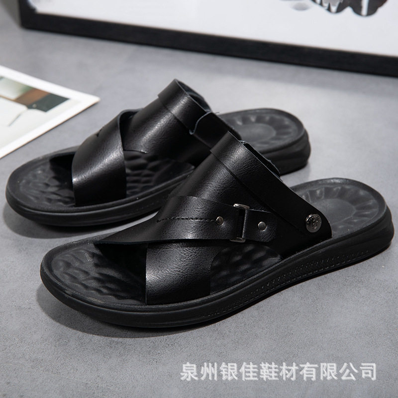 Dép sandal nam quai ngang hở ngón hai chiều chống trượt, chất liệu siêu sợi thoáng khí — Màu xanh lam, Nâu vàng, Nâu Đen, Nâu đậm