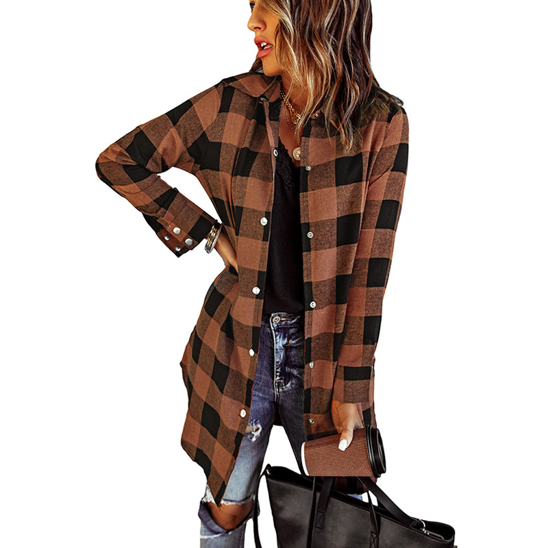 Shiying camisa abrigo de mujer Otoño e Invierno Nueva cardigan de manga larga solapa botón a presión de las mujeres Camisa de cuadros europeos y americanos